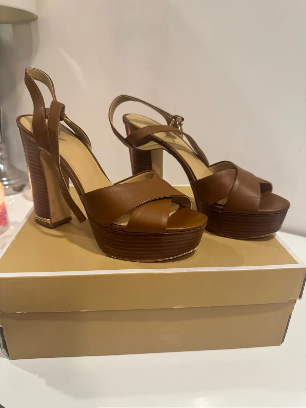 Michael Kors Tan Brown Leather Platform Slingback Heels